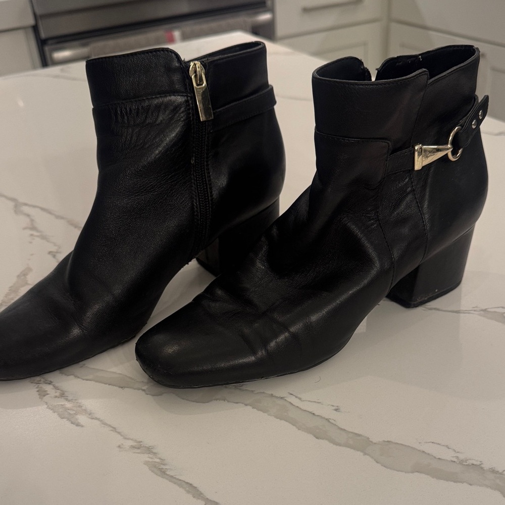 Black Leather Ankle Boots with Buckle Detail - Women's